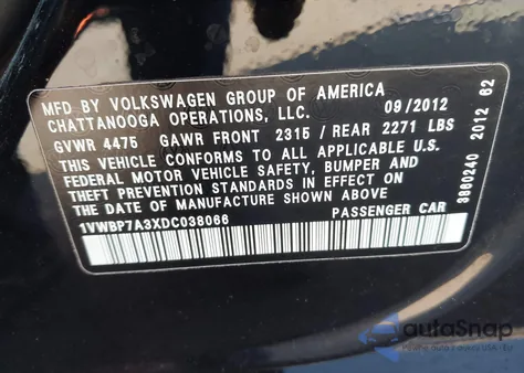 2013 Volkswagen Passat 2.5L Se из США, поврежденный, VIN 1VWBP7A3XDC038066